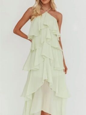 Selfie Leslie Pale Green Ruffle Halter High-Low Maxi Dress